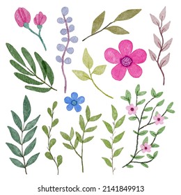 Set of Separate parts and bring together to beautiful bouquet of flowers in water colors style on white background, flat vector illustration