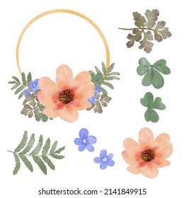 Set of Separate parts and bring together to beautiful bouquet of flowers in water colors style on white background, flat vector illustration