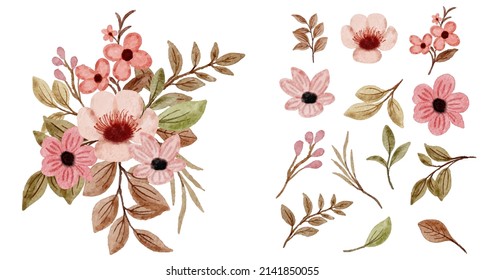 Set of Separate parts and bring together to beautiful bouquet of flowers in water colors style on white background, flat vector illustration