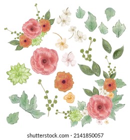 Set of Separate parts and bring together to beautiful bouquet of flowers in water colors style on white background, flat vector illustration
