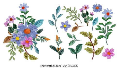 Set of Separate parts and bring together to beautiful bouquet of flowers in water colors style on white background, flat vector illustration