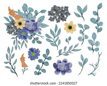 Set von getrennten Teilen und bringen Sie zu einem schönen Blumenstrauß in Aquarellfarben auf weißem Hintergrund, flache Vektorgrafik