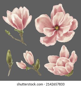 Set of Separate parts and bring together to beautiful bouquet of flowers in water colors style on white background, flat vector illustration