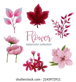 Set of Separate parts and bring together to beautiful bouquet of flowers in water colors style on white background, flat vector illustration