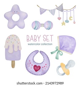 Set of Separate parts and bring together to beautiful clothes, baby items and toy in water colors style on white background, Watercolor vector illustration