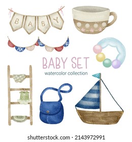 Set of Separate parts and bring together to beautiful clothes, baby items and toy in water colors style on white background, Watercolor vector illustration