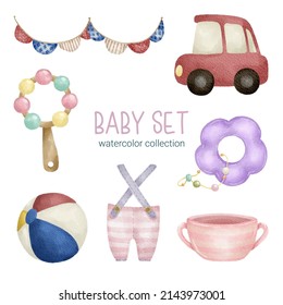 Set of Separate parts and bring together to beautiful clothes, baby items and toy in water colors style on white background, Watercolor vector illustration
