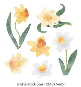 Set of Separate parts and bring together to beautiful bouquet of flowers in water colors style on white background, flat vector illustration