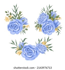 Set of Separate parts and bring together to beautiful bouquet of flowers in water colors style on white background, flat vector illustration