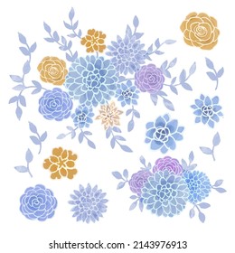 Set of Separate parts and bring together to beautiful bouquet of flowers in water colors style on white background, flat vector illustration