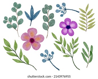 Set von getrennten Teilen und bringen Sie zu einem schönen Blumenstrauß in Aquarellfarben auf weißem Hintergrund, flache Vektorgrafik