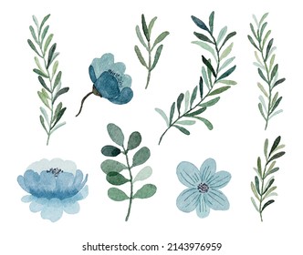 Set of Separate parts and bring together to beautiful bouquet of flowers in water colors style on white background, flat vector illustration