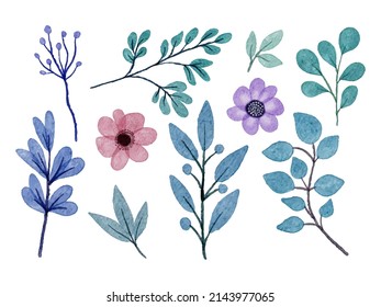 Set of Separate parts and bring together to beautiful bouquet of flowers in water colors style on white background, flat vector illustration