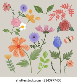 Set of Separate parts and bring together to beautiful bouquet of flowers in water colors style on white background, flat vector illustration