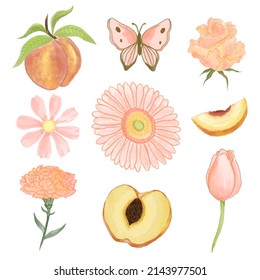 Set of Separate parts and bring together to beautiful bouquet of flowers in water colors style on white background, flat vector illustration