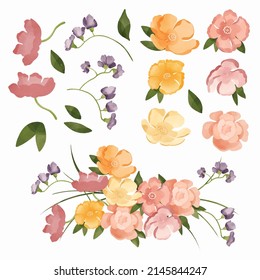 Set of Separate parts and bring together to beautiful bouquet of flowers in water colors style on white background, flat vector illustration