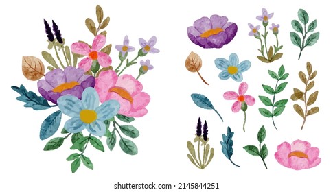 Set of Separate parts and bring together to beautiful bouquet of flowers in water colors style on white background, flat vector illustration
