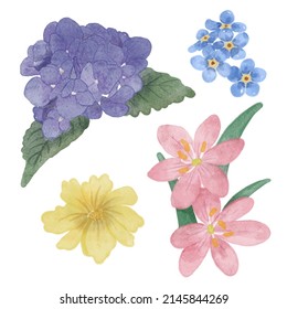 Set of Separate parts and bring together to beautiful bouquet of flowers in water colors style on white background, flat vector illustration