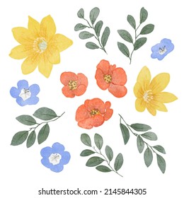 Set of Separate parts and bring together to beautiful bouquet of flowers in water colors style on white background, flat vector illustration