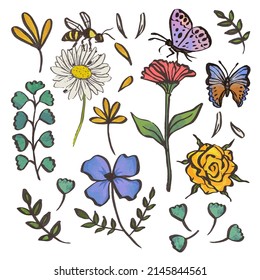 Set of Separate parts and bring together to beautiful bouquet of flowers in water colors style on white background, flat vector illustration