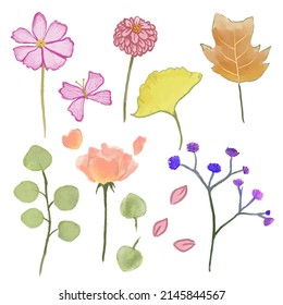 Set of Separate parts and bring together to beautiful bouquet of flowers in water colors style on white background, flat vector illustration