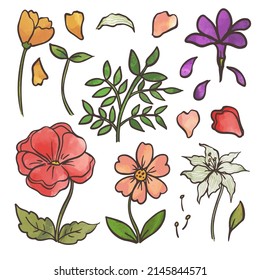 Set von getrennten Teilen und bringen Sie zu einem schönen Blumenstrauß in Aquarellfarben auf weißem Hintergrund, flache Vektorgrafik