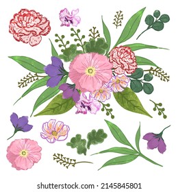 Set of Separate parts and bring together to beautiful bouquet of flowers in water colors style on white background, flat vector illustration