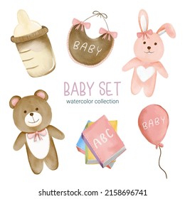 Set of Separate parts and bring together to beautiful clothes, baby items and toy in water colors style on white background, Watercolor vector illustration