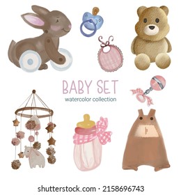 Set of Separate parts and bring together to beautiful clothes, baby items and toy in water colors style on white background, Watercolor vector illustration