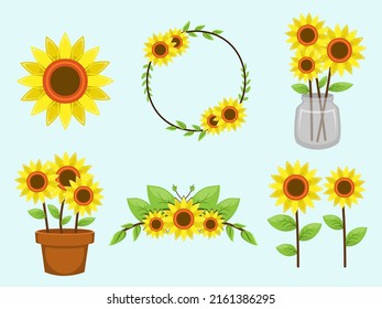 Set of Separate parts and bring together to beautiful bouquet of flowers in modern style on green background, flat vector illustration