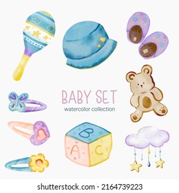 Set of Separate parts and bring together to beautiful clothes, baby items and toy in water color style on white background, Watercolor vector illustration