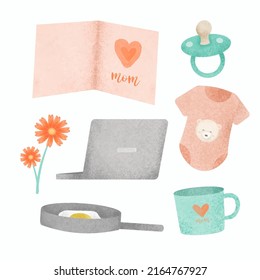 Set of Separate parts and bring together to beautiful clothes, baby items and toy in water color style on white background, Watercolor vector illustration