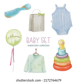 Set Of Separate Parts And Bring Together To Beautiful Clothes, Baby Items And Toy In Water Color Style On White Background, Watercolor Vector Illustration