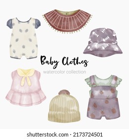 Set of Separate parts and bring together to beautiful clothes, baby items and toy in water color style on white background, Watercolor vector illustration