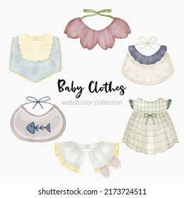 Set of Separate parts and bring together to beautiful clothes, baby items and toy in water color style on white background, Watercolor vector illustration