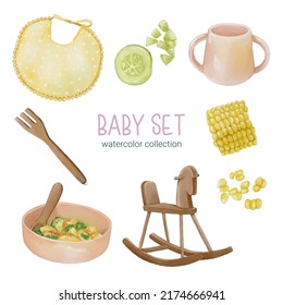 Set von getrennten Teilen und bringen Sie zusammen zu schönen Kleidung, Babyartikel und Spielzeug in Aquarell auf weißem Hintergrund, Aquarell-Vektorgrafik