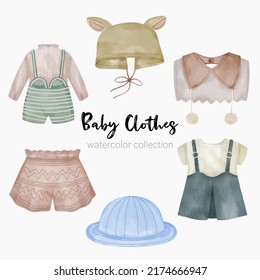 Set Of Separate Parts And Bring Together To Beautiful Clothes, Baby Items And Toy In Water Color Style On White Background, Watercolor Vector Illustration