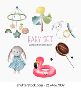 Set Of Separate Parts And Bring Together To Beautiful Clothes, Baby Items And Toy In Water Color Style On White Background, Watercolor Vector Illustration