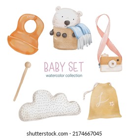 Set of Separate parts and bring together to beautiful clothes, baby items and toy in water color style on white background, Watercolor vector illustration