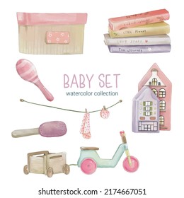 Set of Separate parts and bring together to beautiful clothes, baby items and toy in water color style on white background, Watercolor vector illustration