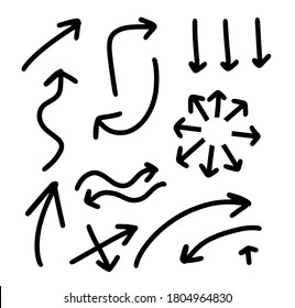 set of separate vector arrows - pointers. lines with a triangular tip of different shapes and directions.