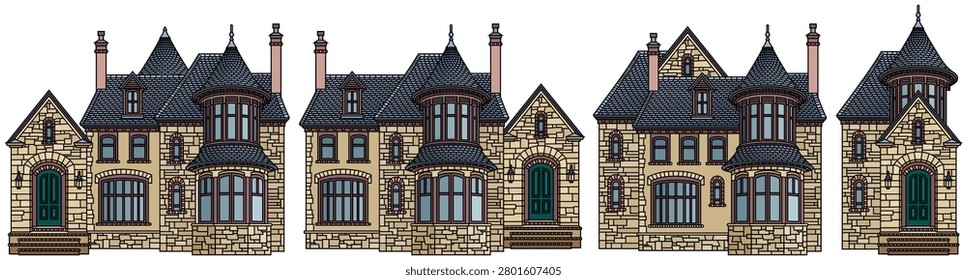 Set of separate vector victorian luxury mansions with turrets, stone facades and pointy roofs. Hand drawn gothic house architectural collection on blue. Hand drawn, not AI