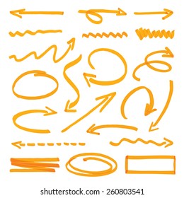 Set of separate yellow hand-drawn arrows on a white background. Vector outline illustration.