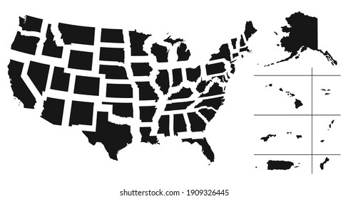 Set of separated American states. Divided USA map. All the countries are named in the layer panel