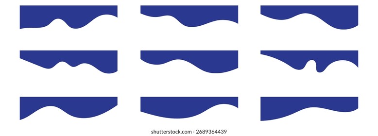 Conjunto de formas de separadores para o site. Linhas de Curva, Quedas, Ondas e divisores triangulares para Página Superior ou Inferior. Quadro do cabeçalho. Coleção de modelos de forma de divisores. Conjunto de fundo curvo com Cor Azul