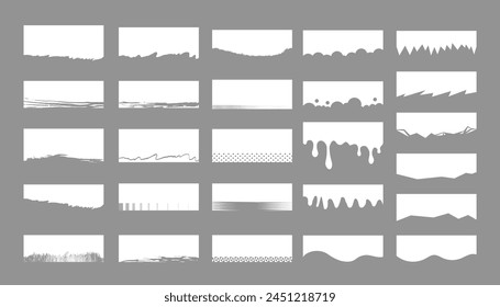 Set von Separatoren, Formen für Websites und mobile App. Kurven, Linien, Tropfen, Wellen, Kreise und Dreiecksteiler für Ober- oder Unterseite. Rahmen der Kopfzeile. Grunge Formen, Ecken