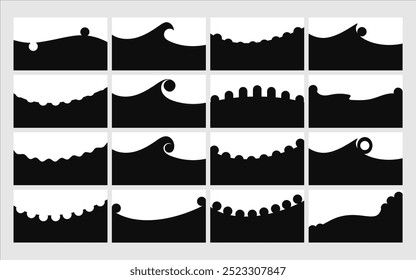 Conjunto de separadores, formas para sites e aplicativos móveis. Curvas, linhas, quedas, ondas, círculos e divisores para página superior ou inferior. Quadro do cabeçalho. Formas grunge, cantos