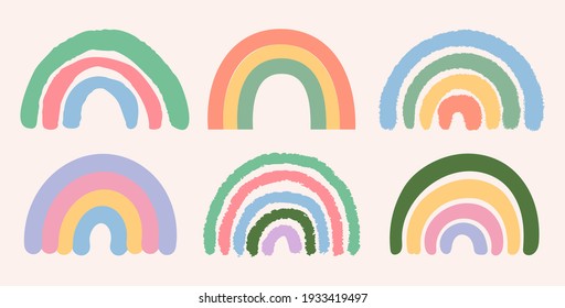 Set of seperate colorful doodled vector rainbow illustrations in different styles on background.