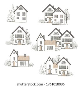 Set sepia scandinavia houses  and house group in beautiful style with graphic trees.  Hand drawn light brown style element isolated on white background.