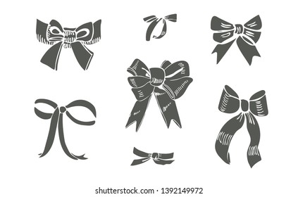 Set of  sepia silhouette  bows. Hand drawn ink and inverted sketch. Different objects  isolated on white background. Vector illustration.